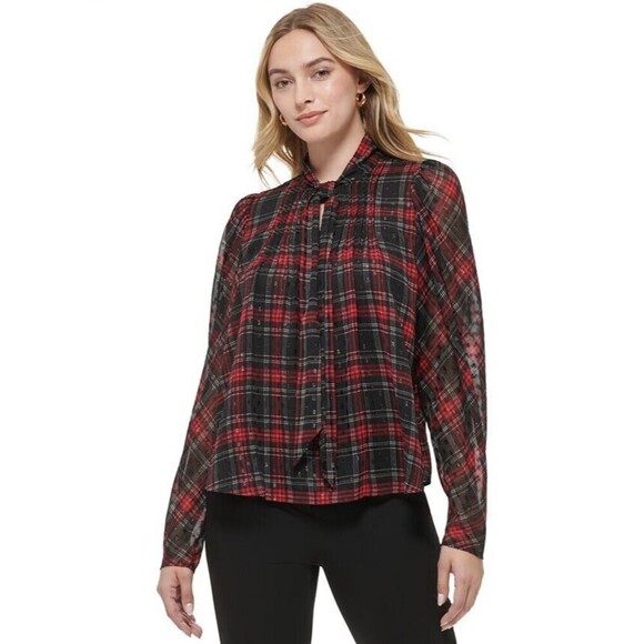 Tommy Hilfiger Women's Clip-Dot Pleated Tie-Neck Top Holidays Blouse Red Black M - Picture 2 of 5